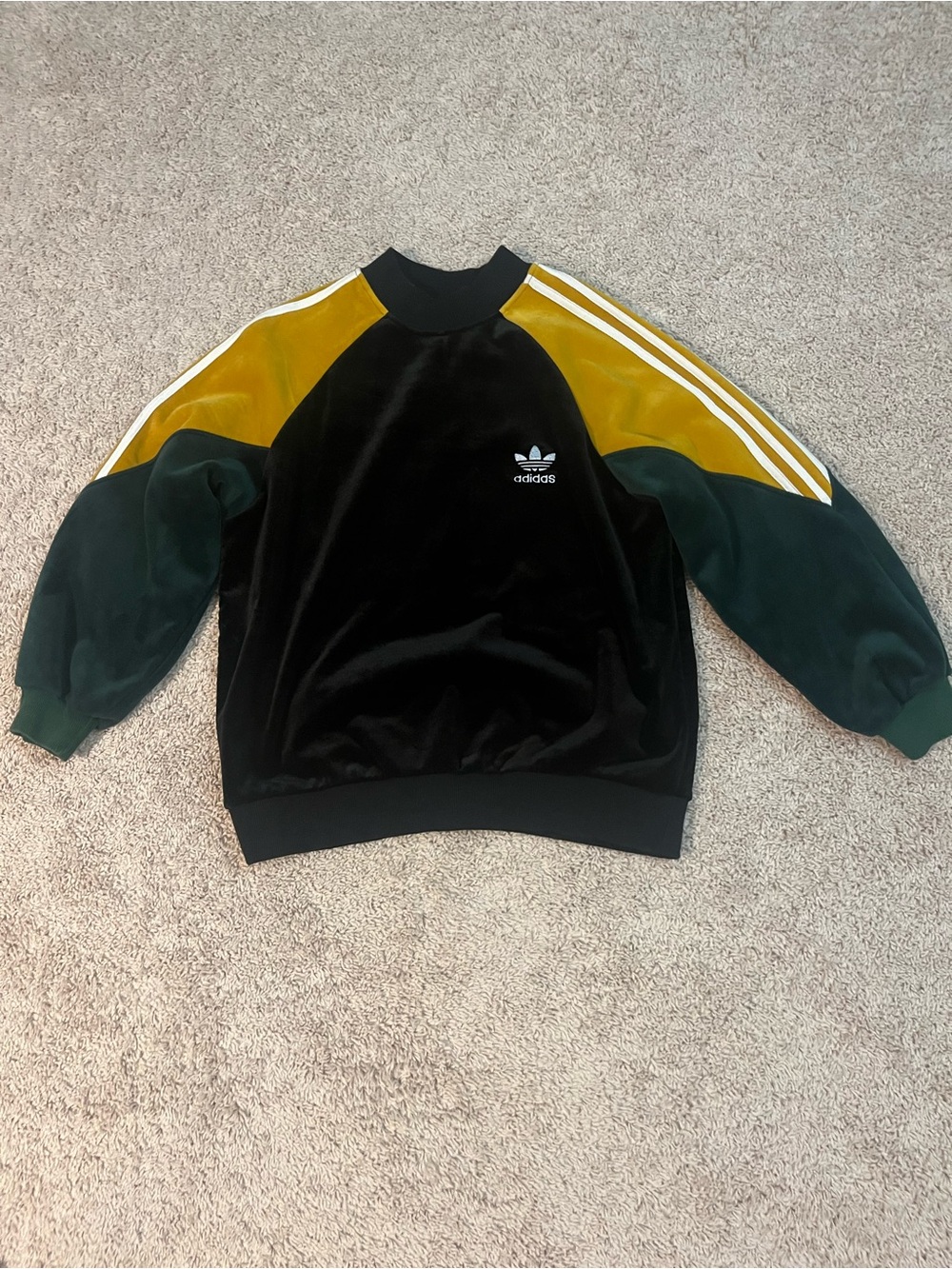 adidas Black Velour Pullover with Mustard and Dark Green Accents